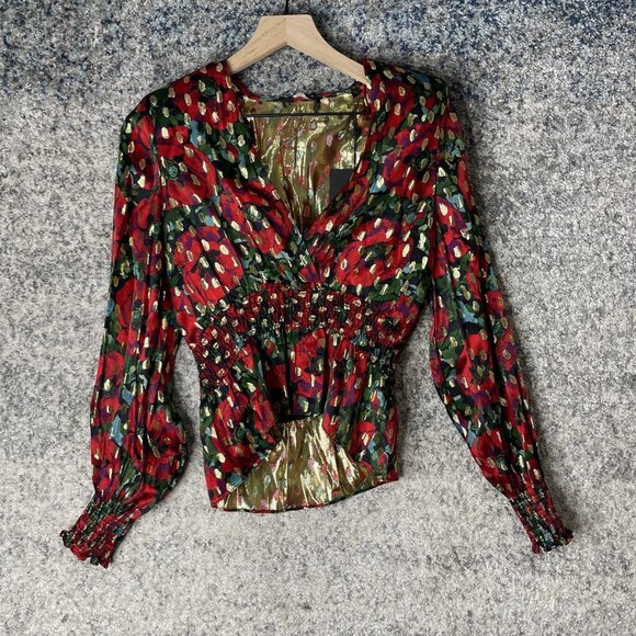 The Kooples Blouse Womens Small Red Gold Giant Poppy Metallic Long Sleeve Floral - Picture 1 of 9
